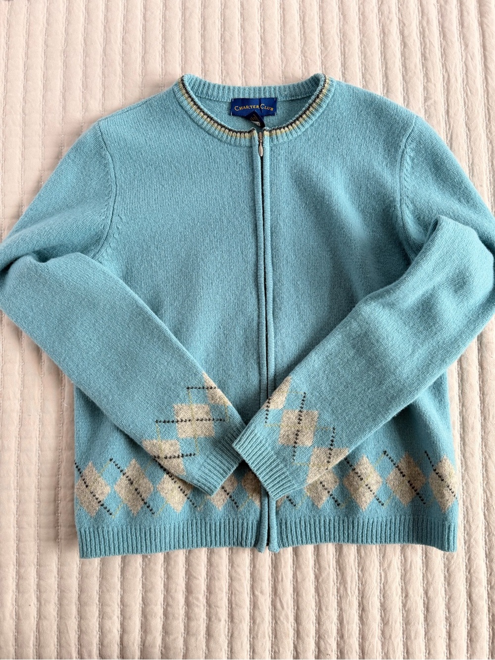 Charter Club Sky Blue Zip-Front Argyle Trim Lambswool Cardigan